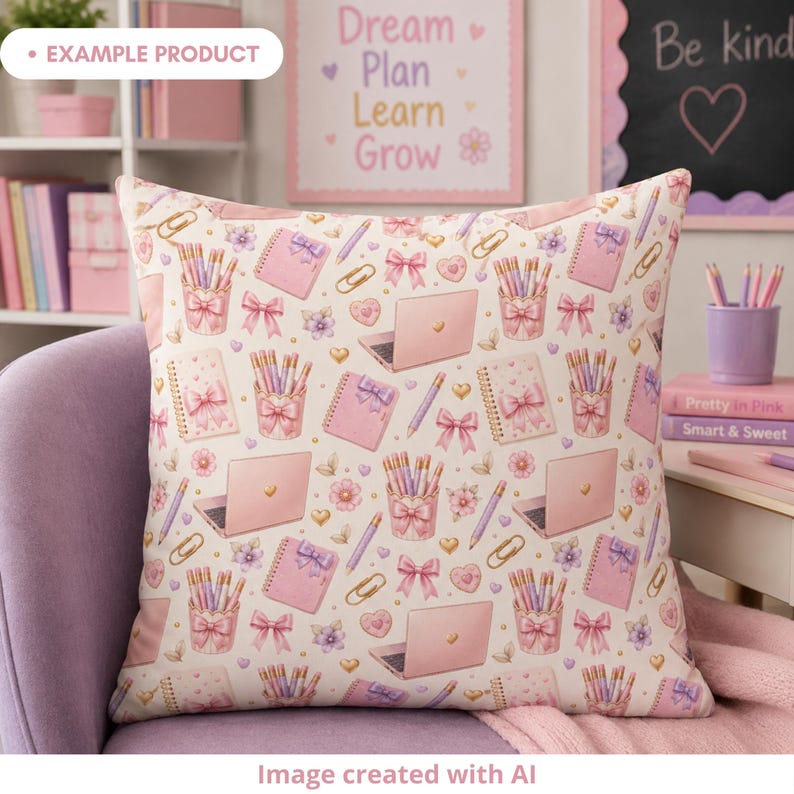 Example product mockup showing a decorative pillow with a coquette school seamless pattern in a pastel classroom reading corner. The design features pink notebooks with bows, pastel pencils, pencil cups, mini laptops, gold paper clips, hearts, flowers and soft cream tones. Cute back to school digital pattern for fabric, pillows, classroom decor and kids accessories.