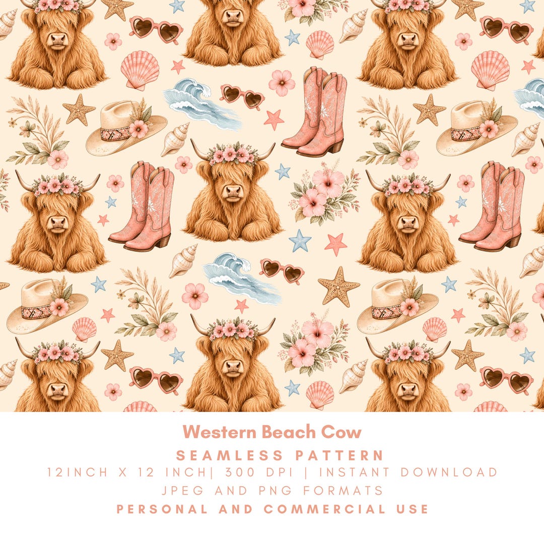 Beach Cow Pattern Background Western Beach Cow Seamless Pattern, Highland Cow Digital Paper, Cowgirl ...
