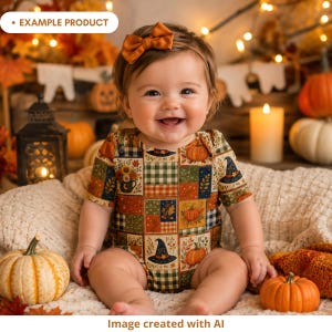 Smiling baby girl wearing an autumn Halloween patchwork bodysuit featuring pumpkins, witch hats, floral mugs, plaid blocks, leaves, stars and crescent moons in burnt orange, navy, olive green, cream and mustard. She sits on a cozy blanket surrounded by pumpkins, warm lights and seasonal fall decor. Example product mockup created with AI.