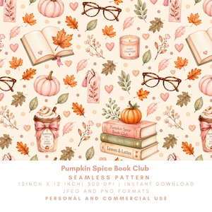 以下が含まれることがあります： 開いた本、カボチャ、老眼鏡、秋の葉、ハート、しおり、Pumpkin Spice & Good Storiesと書かれたコーヒーカップ、Pumpkin Spice Book Clubと書かれた本の山が描かれた、水彩画風のシームレスなパターンデザイン。