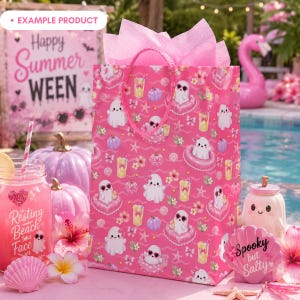 Example product mockup featuring a pink gift bag with the Pink Summer Ghost Pool Party seamless pattern, including cute ghosts, heart pool floats, lemonade, pastel pumpkins, seashells, bows, flowers, starfish, gold dots, and wave accents. Summerween party scene with tropical pool decor.