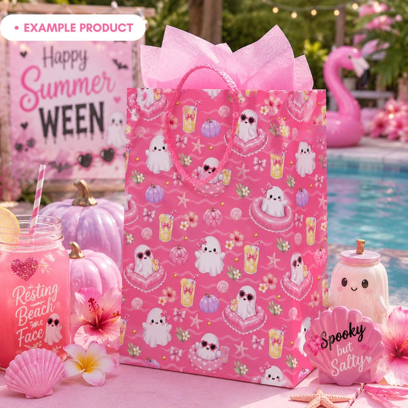 Example product mockup featuring a pink gift bag with the Pink Summer Ghost Pool Party seamless pattern, including cute ghosts, heart pool floats, lemonade, pastel pumpkins, seashells, bows, flowers, starfish, gold dots, and wave accents. Summerween party scene with tropical pool decor.