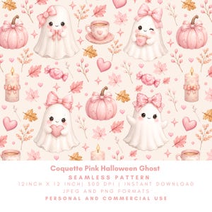Könnte beinhalten: Ein nahtloses Muster mit weißen Geistern mit rosa Schleifen, rosa Kürbissen, brennenden Kerzen, Tassen, Herzen und Herbstblättern auf hellem Grund. Text: Coquette Pink Halloween Ghost, SEAMLESS PATTERN, 12 INCH X 12 INCH, 300 DPI, INSTANT DOWNLOAD, JPEG AND PNG FORMATS, PERSONAL AND COMMERCIAL USE.