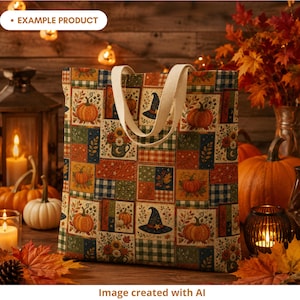 Autumn Halloween patchwork tote bag mockup featuring pumpkins, witch hats, floral mugs, plaid blocks, leaves, stars and crescent moons in burnt orange, navy, olive green, cream and mustard. The tote bag is styled in a cozy fall party setting with pumpkins, candles, autumn leaves, rustic wood decor and warm string lights. Example product image created with AI.