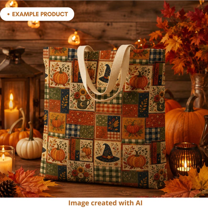 Autumn Halloween patchwork tote bag mockup featuring pumpkins, witch hats, floral mugs, plaid blocks, leaves, stars and crescent moons in burnt orange, navy, olive green, cream and mustard. The tote bag is styled in a cozy fall party setting with pumpkins, candles, autumn leaves, rustic wood decor and warm string lights. Example product image created with AI.