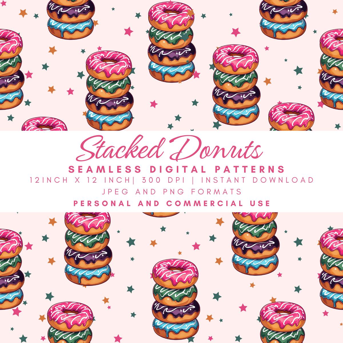 Stacked Donuts Seamless Pattern, Colorful Icing, Pink Green Purple Blue, Sweet Treats Digital Paper, Bakery Party Fabric Print, Stars