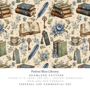 May include: A seamless pattern featuring stacks of antique books, open books with botanical illustrations, blue quill pens, ornate metal keys, tasseled bookmarks, blue floral arrangements, and teacups on a light beige background with blue dots.
