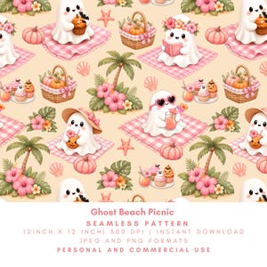 May include: A seamless pattern showing cartoon ghosts at a beach picnic. The ghosts are wearing sunglasses, hats, and flower crowns. The pattern includes pink picnic blankets, pumpkins, cupcakes, palm trees, and hibiscus flowers. The text "Ghost Beach Picnic" is at the bottom.