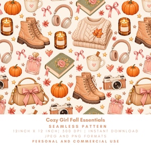 Naadloos patroon voor de herfst met gezellige meiden, herfst aquarel PNG JPG, trui, laarzen, pompoen, strik, camera, fotoboek, digitaal papier