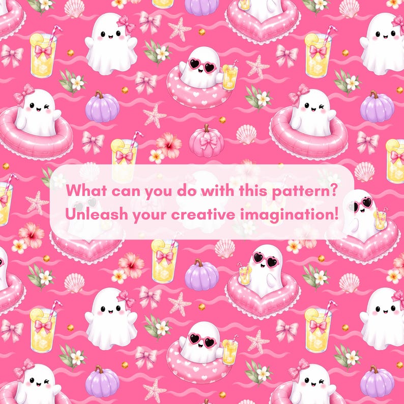 Creative use preview for Pink Summer Ghost Pool Party seamless pattern with cute ghosts, pink pool floats, lemonade glasses, pastel pumpkins, bows, seashells, starfish, flowers, gold dots, and wave accents. Girly Summerween digital paper for fabric, crafts, sublimation, stationery, and party decor.