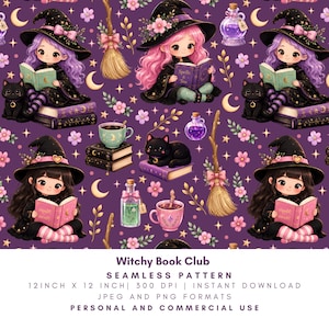 May include: A seamless pattern featuring illustrations of characters in witch hats reading books, black cats, brooms, potion bottles, and teacups on a dark purple background with stars, moons, and flowers. Text reads: Witchy Book Club.