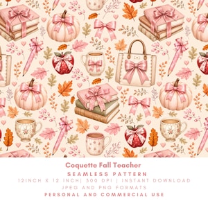 May include: A seamless pattern featuring pink pumpkins with bows, stacks of books tied with ribbons, handbags with bows, pencils, mugs, and red apples with bows, interspersed with autumn leaves and small hearts on a light cream background.