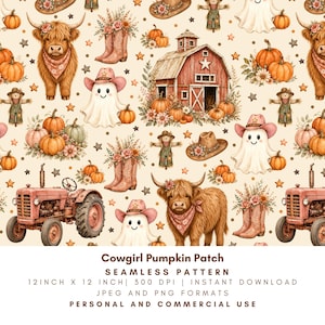May include: A seamless pattern featuring illustrations of highland cows with bandanas, ghosts wearing pink cowboy hats, red barns, pumpkins, scarecrows, cowboy boots, and tractors on a cream background with the text Cowgirl Pumpkin Patch.