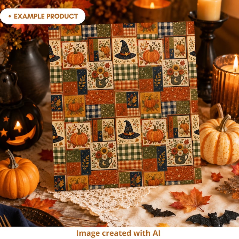 Autumn Halloween seamless patchwork pattern shown as an example printed paper product in a cozy seasonal party setting. Design features pumpkins, witch hats, floral mugs, plaid blocks, stars, leaves and crescent moons in burnt orange, navy, olive green, cream and mustard. Surrounded by candles, pumpkins, autumn leaves and Halloween decor. Image created with AI.