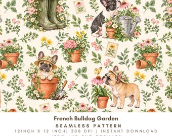 French Bulldog Garden Seamless Pattern, Watercolor Floral Dog Digital Paper, Botanical Puppy PNG JPG, Commercial Use