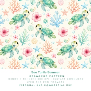 May include: A seamless pattern featuring watercolor illustrations of sea turtles, starfish, coral, seashells, and hibiscus flowers in shades of teal, pink, and peach. The pattern is 12 inches by 12 inches.