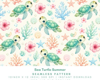 Sea Turtle Summer Seamless Pattern, Watercolor Ocean Baby Digital Paper, Coastal Turtle Background, PNG JPG