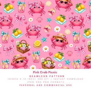 May include: A seamless pattern featuring pink crabs wearing hats and bows, lemonade, lemons, seashells, daisies, and picnic baskets on a pink background. The text "Pink Crab Picnic" is at the bottom. The pattern is 12 inches by 12 inches.