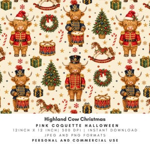 Puede incluir: Un patrón repetitivo con vacas Highland vestidas de soldados de juguete, árboles de Navidad, caballos balancín, coronas, tambores y regalos sobre un fondo crema. El texto inferior dice: Highland Cow Christmas, PINK COQUETTE HALLOWEEN, 12 INCH X 12 INCH, 300 DPI, INSTANT DOWNLOAD, JPEG AND PNG FORMATS, PERSONAL AND COMMERCIAL USE.