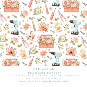Puede incluir: Un patrón continuo con ilustraciones en acuarela de taladros inalámbricos azul claro con el texto 'you got this!', cajas de herramientas color coral con flores rosas, martillos, destornilladores, alicates rosas, cintas métricas y guantes de trabajo.