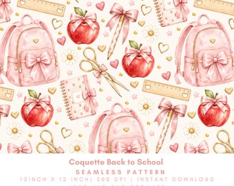 Coquette Back to School Seamless Pattern, Pink Bow School Supplies Digital Paper, Preppy Watercolor PNG JPG