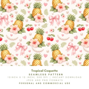 May include: A seamless pattern featuring pineapples, hibiscus flowers, pink bows, cherries, pearls, and hearts on a cream background. The design includes tropical elements, creating a cohesive and decorative pattern. The pattern is 12 inches by 12 inches.