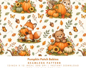 Pumpkin Patch Babies Seamless Pattern, Woodland Animals, Fall Pumpkins, Autumn Nursery Digital Paper, PNG JPG