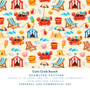 May include: Seamless pattern featuring a beach theme with cartoon crabs, beach chairs, umbrellas, sandcastles, and ice cream. The crabs are red with hats and bows. The pattern includes the text "Cute Crab Beach".