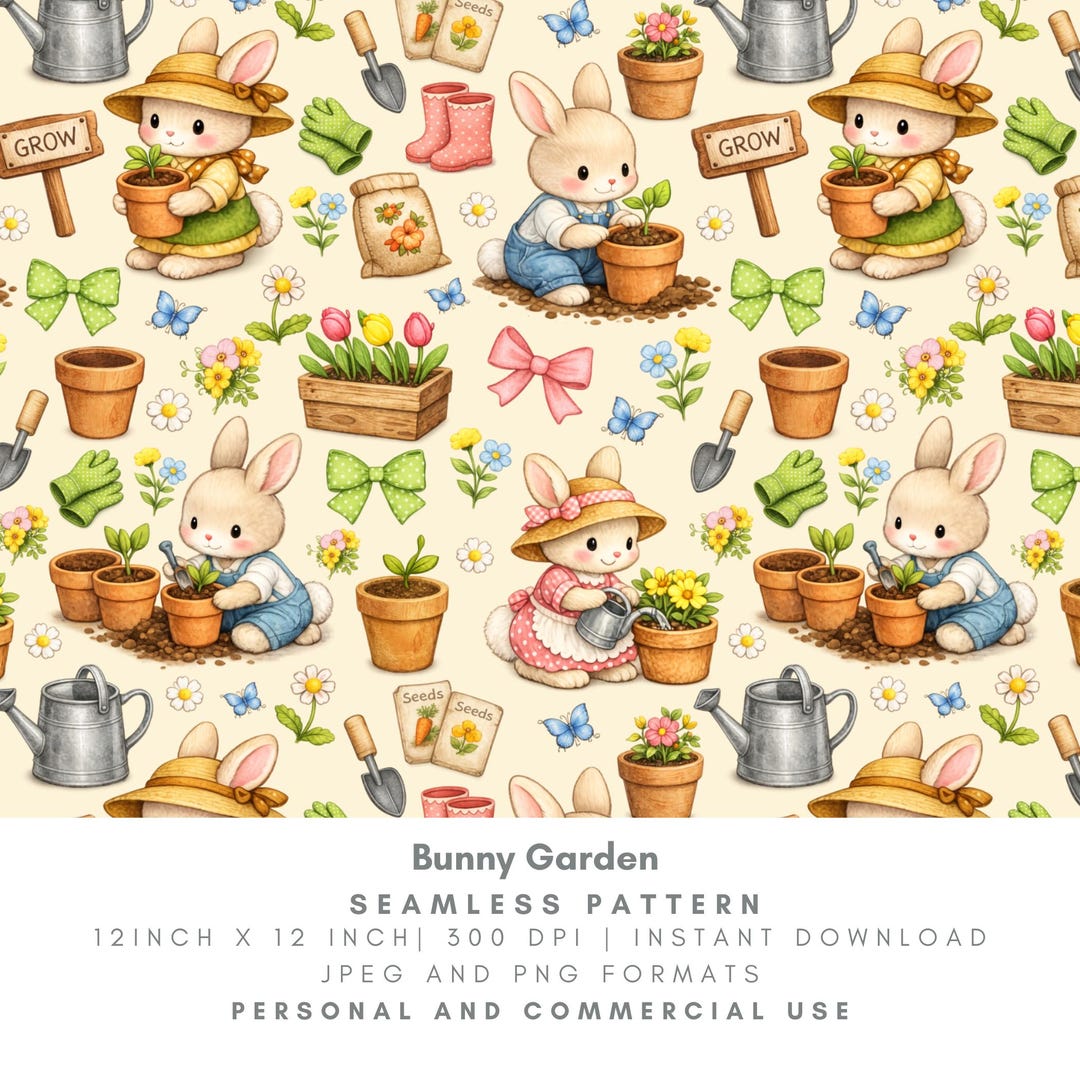Bunny Garden Seamless Pattern Digital Paper, Spring Nursery Floral ...