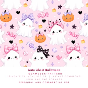May include: A seamless pattern featuring cute cartoon ghosts with bows, pumpkins, candy, and hearts on a pink background. The design includes various colors like orange, black, purple, and pink, perfect for Halloween-themed projects.