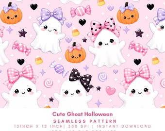 Motivo senza cuciture di Halloween con fantasmi, carta digitale con zucca e fiocco rosa civettuolo, design di tessuto spettrale kawaii, PNG JPG