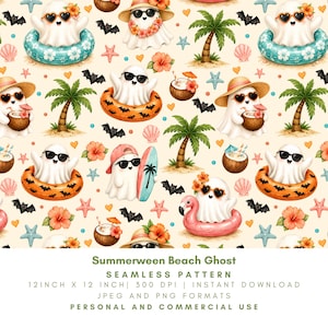 May include: A seamless pattern featuring cartoon ghosts in sunglasses, hats, and floral accents, enjoying beach activities. Palm trees, bats, and tropical elements are scattered across a cream background. The pattern includes the text "Summerween Beach Ghost".