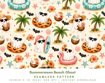 Motivo senza soluzione di continuità Summerween Beach Ghost, carta digitale spettrale con fantasmi tropicali, Halloween estivo PNG JPG