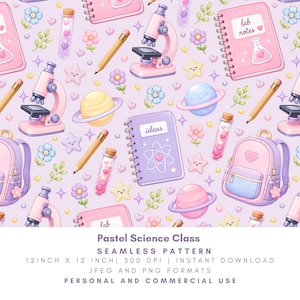 Pastell Wissenschaftsklasse Nahtloses Muster, STEM Schule Digitales Papier, Kawaii Labor Notizen, Mikroskop, Planeten, Rucksack PNG JPG