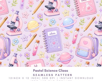 Pastel Science Class Seamless Pattern, STEM School Digital Paper, Kawaii Lab Notes, Microscope, Planets, Backpack PNG JPG