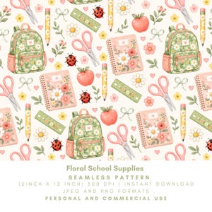 Floral School Supplies Seamless Pattern, Daisy Backpack, Apple, Notebook, Scissors and Ruler Digital Paper, PNG JPG