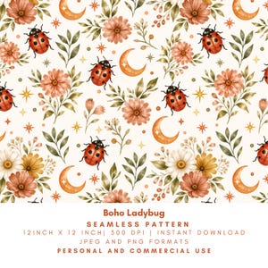 May include: A seamless pattern featuring a boho design with ladybugs, flowers, crescent moons, and stars. The design includes orange, white, and green elements on a cream background. The pattern is 12 inches by 12 inches.