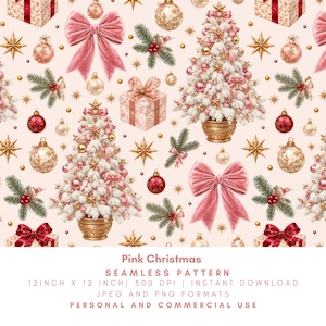 Op de afbeelding: Een naadloos patroon met witte kerstbomen in gouden potten, roze fluwelen strikken, rode en gouden kerstballen, cadeautjes en dennentakken op een lichtroze achtergrond. Tekst: Pink Christmas SEAMLESS PATTERN 12 INCH X 12 INCH.