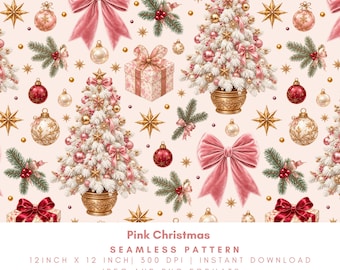 Pink Christmas Seamless Pattern, Coquette Holiday Bows, White Christmas Trees, Vintage Ornaments, Digital Paper, PNG JPG