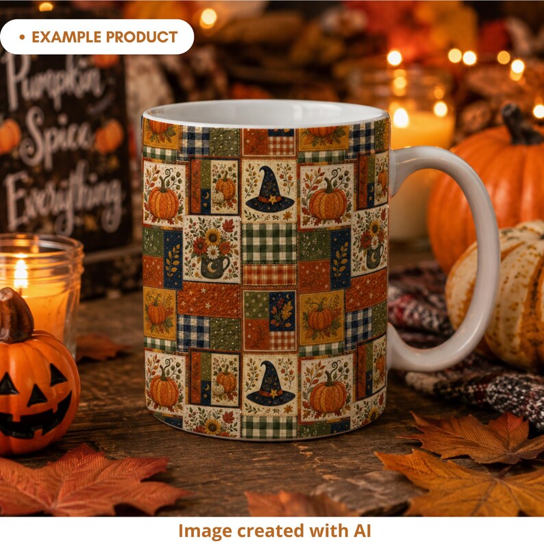 Autumn Halloween patchwork mug mockup featuring pumpkins, witch hats, floral mugs, plaid blocks, leaves, stars and crescent moons in burnt orange, navy, olive green, cream and mustard. The ceramic mug is styled in a cozy fall setting with candles, pumpkins, autumn leaves and warm seasonal lights. Example product image created with AI.