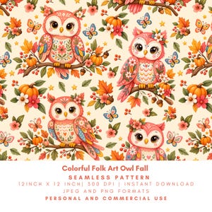 May include: A seamless pattern featuring pink owls with floral folk art designs perched on branches. The design includes orange pumpkins, autumn leaves, acorns, small flowers, and colourful butterflies on a cream background with text below.