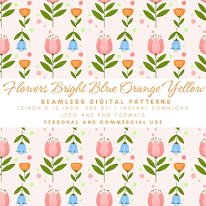 Flowers Bright Blue Orange Yellow Seamless Pattern, Bright Blue Orange Yellow, Spring Garden Digital Paper, Colorful Blooms Fabric Print