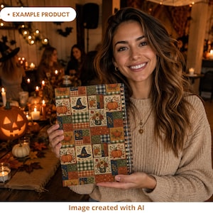 Woman holding a spiral notebook with an autumn Halloween patchwork cover featuring pumpkins, witch hats, floral mugs, plaid blocks, leaves, stars and crescent moons in burnt orange, navy, olive green, cream and mustard. Cozy seasonal party background with candles, pumpkins, fall leaves and warm lights. Example product mockup created with AI.