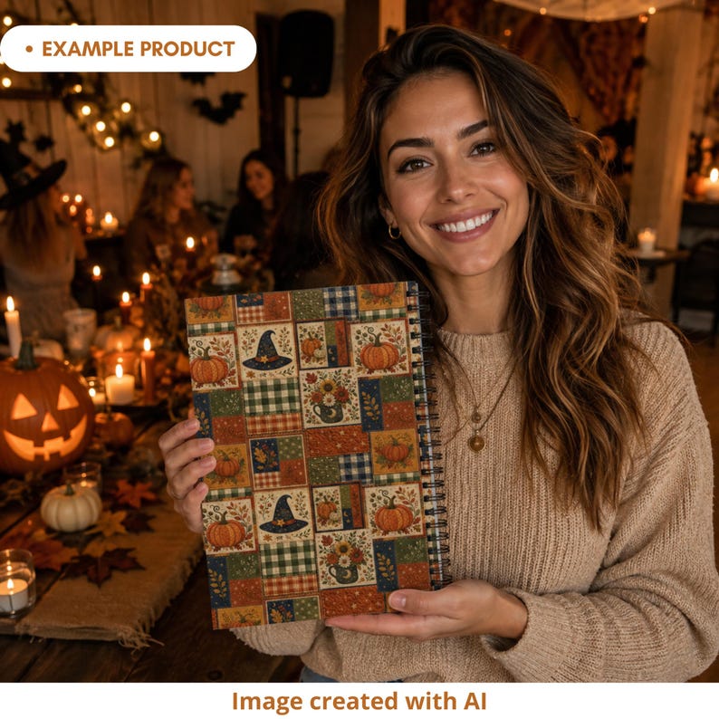 Woman holding a spiral notebook with an autumn Halloween patchwork cover featuring pumpkins, witch hats, floral mugs, plaid blocks, leaves, stars and crescent moons in burnt orange, navy, olive green, cream and mustard. Cozy seasonal party background with candles, pumpkins, fall leaves and warm lights. Example product mockup created with AI.