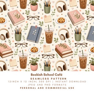 Bookish School Café Seamless Pattern, Cozy Study Aesthetic Digital Paper, Books Coffee Stationery PNG JPG
