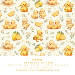May include: A seamless pattern featuring watercolor illustrations of yellow ducklings, lemons, and daisies on a cream background. The ducklings are depicted in various poses, some holding flags or baskets. The pattern includes the text "Duckling" and "SEAMLESS PATTERN".