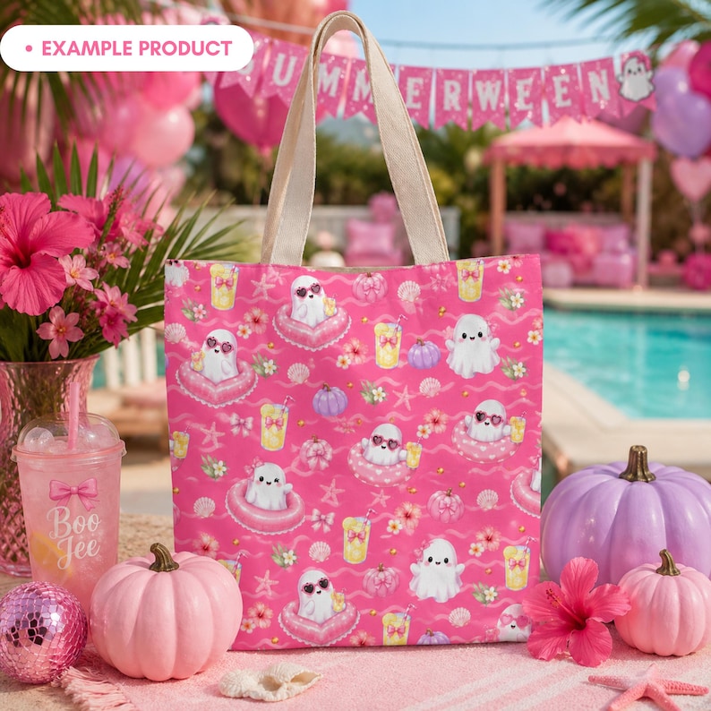 Example product mockup featuring a tote bag with the Pink Summer Ghost Pool Party seamless pattern, including cute ghosts, pink pool floats, lemonade glasses, pastel pumpkins, seashells, bows, tropical flowers, starfish, gold dots, and wave accents. Summerween party scene with pool decor and girly Halloween vibes.