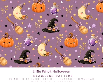 Little Witch Halloween Seamless Pattern, Pumpkin Moon Broom Potion Digital Paper, Magical Kids Fall Fabric Design, PNG JPG