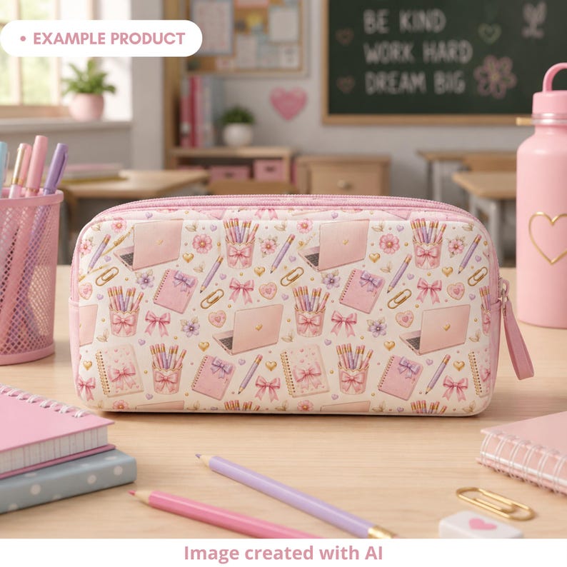 Example product mockup showing a fabric pencil case with a coquette school seamless pattern on a classroom desk. The design features pink notebooks with bows, pastel pencils, pencil cups, mini laptops, gold paper clips, hearts, flowers and cream tones. Cute back to school digital pattern for fabric, school supplies, stationery and kids accessories.