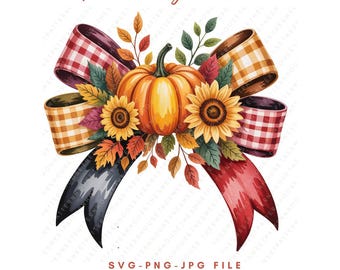 Fall Pumpkin Bow PNG, Autumn Sunflower Clipart, Plaid Ribbon SVG for Cricut, Thanksgiving Sublimation Design, Farmhouse Decor
